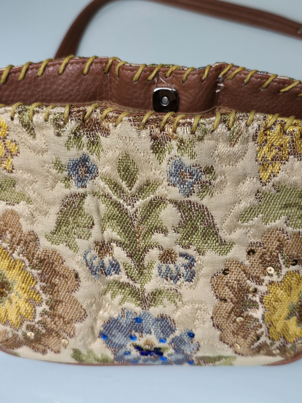 Vintage Liz Claiborne Floral Tapestry Sequin Beaded Whipstitch Shoulder Bag - Picture 5 of 9